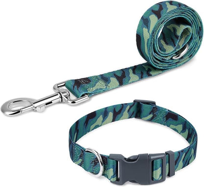 Print Patterned Dog Collar Leash Set, Adjusted Quick-Release Plastic Buckles and Heavy-Duty Steel D-Ring Nylon Collar Leash Set Strong Durable, Green Camo,S