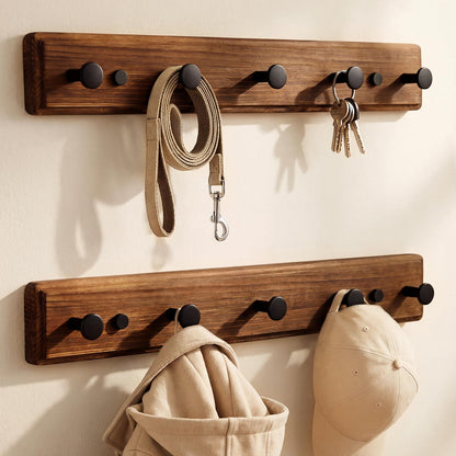 POZEAN Wooden Coat Rack Wall Mount, 2 Pack Wall Mounted Coat Hangers with 5 Smooth Round Hooks, Space Saving Organizer for Entryway,Bathroom, Clothes, Jackets, Hats, Keys(‎Brown Plate & Black Hooks)