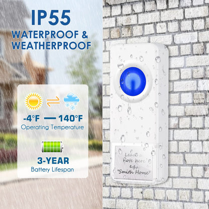 Wireless Doorbell, PHYSEN Waterproof Door bell Chime Kit Operating at 1300-ft Range 58 Adjustable Melodies 5 Volume Levels & LED Flash, Doorbell Alarm for Home/Classroom, 2 Push Buttons+4 Receivers