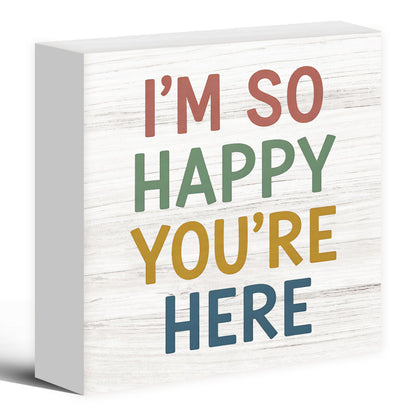 Luipk Boho Classroom Wood Box Sign Desk Decor 5X5, I'm So Happy You're Here Wooden Block Sign Decorations for Kids Nursery Room Bedroom Playroom Classroom Desk Table Wall Tabletop Shelf Decor