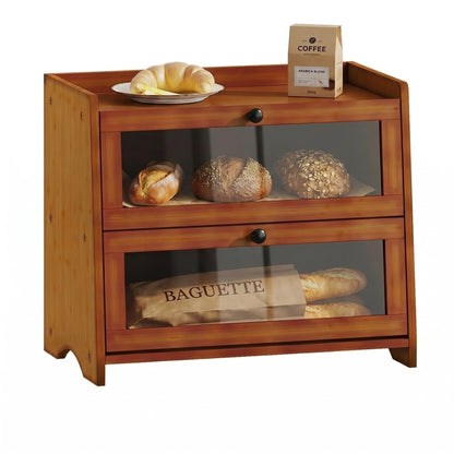 Plusinthebox Brown Bread Box for Kitchen Countertop, 2 Tier Large Capacity Wooden Bread Storage Container, Farmhouse Bread Keeper for Bread, Bagels, Pantry Organizer