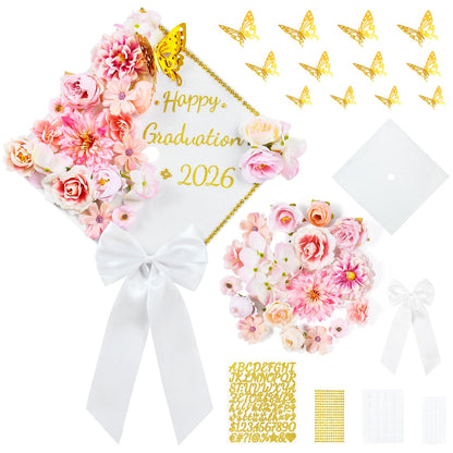 Brikabia Graduation Cap Decorations Kit 2026-39PCS Grad Cap Decorations for Graduation with Faux Flowers, 3D Butterflies, Letter Stickers, Glitter Paper, Satin Hair Bow for DIY Grad Hat Topper