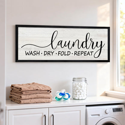Wash Dry Fold Repeat Wooden Sign Framed Wall Art, Horizontal Motivational Laundry Room Quote Wood Plaque above the Bathtub, 32''×12'' Farmhouse Long Saying Wood Sign Wall Decor for Washing Room