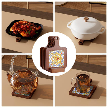 Wooden Trivets for Hot Dishes，3-PCS Set of Wooden Non-Slip Coasters with Stand,Base is Also a Cell Phone Holder,hot Pads for Kitchen，Trivets for hot pots and Pans,Hot Pad to Portect Your Countertop