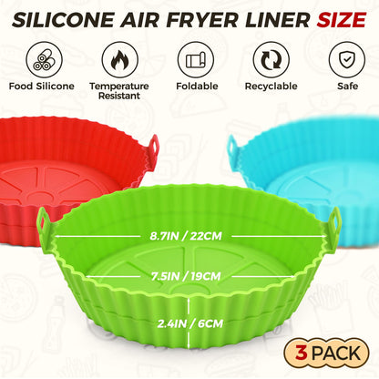 Buauty 3 Pack Air Fryer Silicone Liners 8inch Air Fryer Silicone Pot Reusable Food Grade Silicone Airfryer Liners Baking Basket Accessories Replacement of Flammable Disposable Parchment Paper