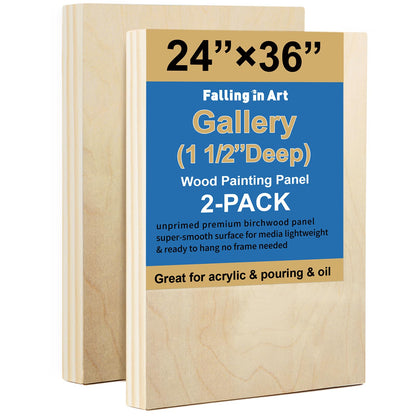 Falling in Art 2 Pack Unfinished Wooden Canvas Panels, 24x36 Gallery Birch Wood Panels Kit, 1 1/2" Deep Art Cradle Boards for Acrylic Painting, Pouring and Burning