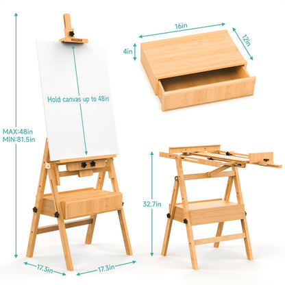 Large Wood H-Frame Easel with Storage Drawer, Foldable Art Painting Easel for Adults and Students, Adjustable Artist Easel Stand for Painting and Display, Holds Canvas Art up to 48"