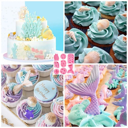 8 PCS Marine Theme Fondant Silicone Mold Seashell Seaweed Sea Fish Coral Conch Sea Turtle Shape DIY Handmade Baking Tools for Cake Cookie Chocolate Candy Decoration Crafts Polymer Clay