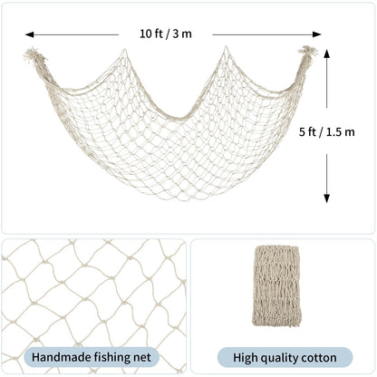Patioland Decorative Fishing Net 2 Pack, 5x10 ft Large Beige Fish Net Decor for Wall, Photo Display, Nautical Mermaid Pirate Ocean Themed Beach Hawaii Under the Sea Party Decorations
