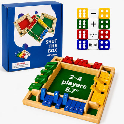 Elanbells Shut The Box Dice Game for 2-4 Player Wooden Dice Game Math Games Close The Box Family Dice Board Games for Kids Adults, Tabletop Version Games for Classroom, Home, Easter Day, Party or Pub