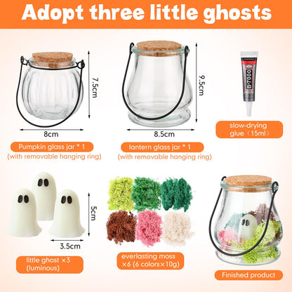 HyDren 6 Set Halloween Pet Ghost in a Jar Adopt a Ghost Glows in the Dark Pet in a Bottle with Moss Luminous Figurines in Glass Spooky Decor Creepy DIY Craft Gift Halloween Party Favor, 3.74 x 3.34In
