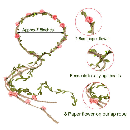 HOPEANT 12PCS Multicolor Flower Crown Floral Headband Wreath Garland Headbands, 16 Pieces Flowers Tie on Ratton and Hemp Rope,Unique Design for Women Wedding Party Photo Props