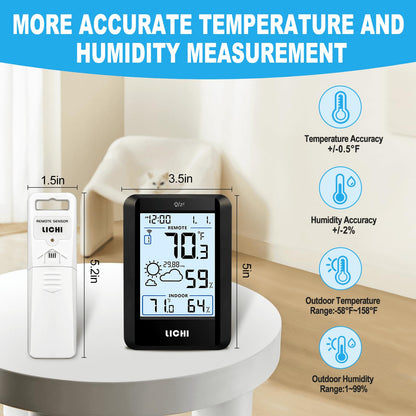 Indoor Outdoor Thermometer Wireless Weather Station External Thermometer Hygrometer Monitor with 330ft Range Remote Sensor, Battery Operated Backlit Display (Black)