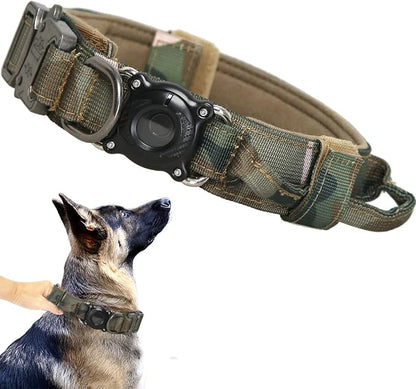 Upgraded AirTag Dog Collar,Waterproof Tactical Dog Collar with AirTag Holder, Control Handle and Metal Buckle,Heavy Duty Dog Collars for Large Dogs(AirtagCamo，XXL