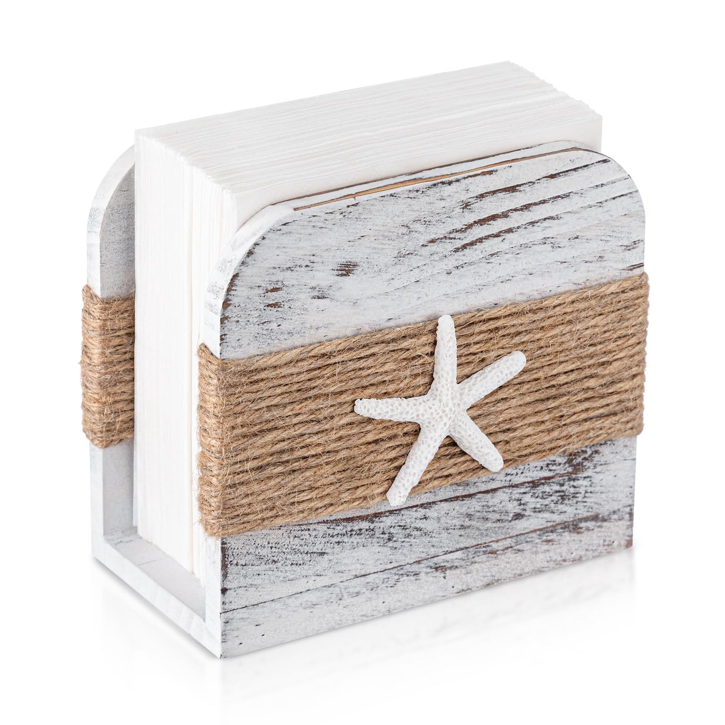 Fiwochic Natural Wooden Napkin Holder, Farmhouse Napkin Holders Upright Wooden Tissue Dispenser for Kitchen Dining Room Table Decor Indoor & Outdoor Use (Beach Style,White)