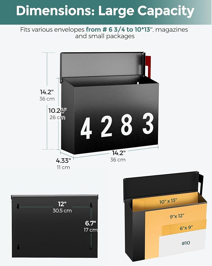 LAND·VOI Modern Wall-Mount Mailbox, Mailboxes for Outside, with One Flag Kit and Three Sets of 0-9 Mailbox Number Stickers, Rust-Proof Metal Post Box, 4.33" Dx14.2 Wx10.43 H, Textured Black, AMB03B01