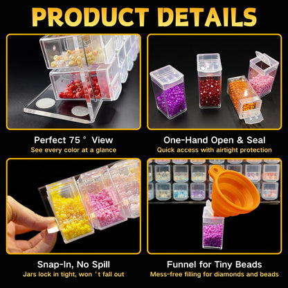54-Jar Diamond Painting Storage Rack, Diamond Art Storage Containers with 75° Slanted Display, Funnel, Labels, Anti-Slip Pads, for Bead Storage, Jewelry, DIY Crafts, Thick Acrylic Tidy Desk Organizer