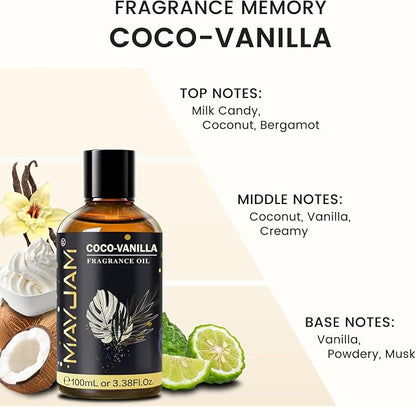 Coco-Vanilla Fragrance Oil Essential Oil, MAYJAM 3.38FL.OZ Coconut Vanilla Oil for Diffusers for Home, Long Lasting Scented Oils for Soap Candle Making - 100ML