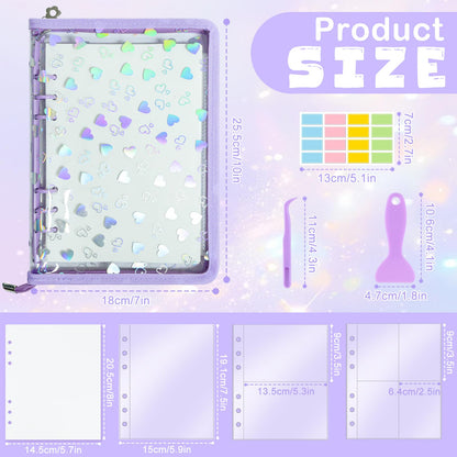 Sticker Storage Organizer Binder A5 Sticker Zipper Photocard Binder Holder Collecting Book Organizing Trading Card Album Holder with Blank Reusable Release Paper Purple(Heart)