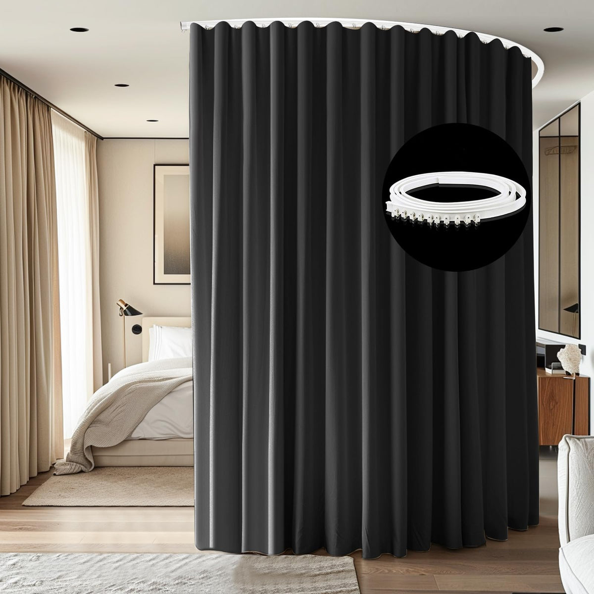 cbsroro Room Divider Curtains Ceiling Mounted Track Sets Extra Wide Blackout Curtain Flexible Tracks for Bedroom Privacy Partition Separator, 1 Panel Black Drape and White Rail, W8.3 x H7ft