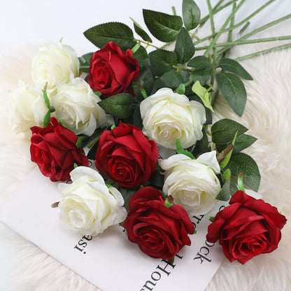 FLORRALIA White Fake Roses Artificial Flowers - 16 Pcs Fake Artificial Roses Silk Flowers with Stems for Home Wedding Hotel Office Centerpiece Decor
