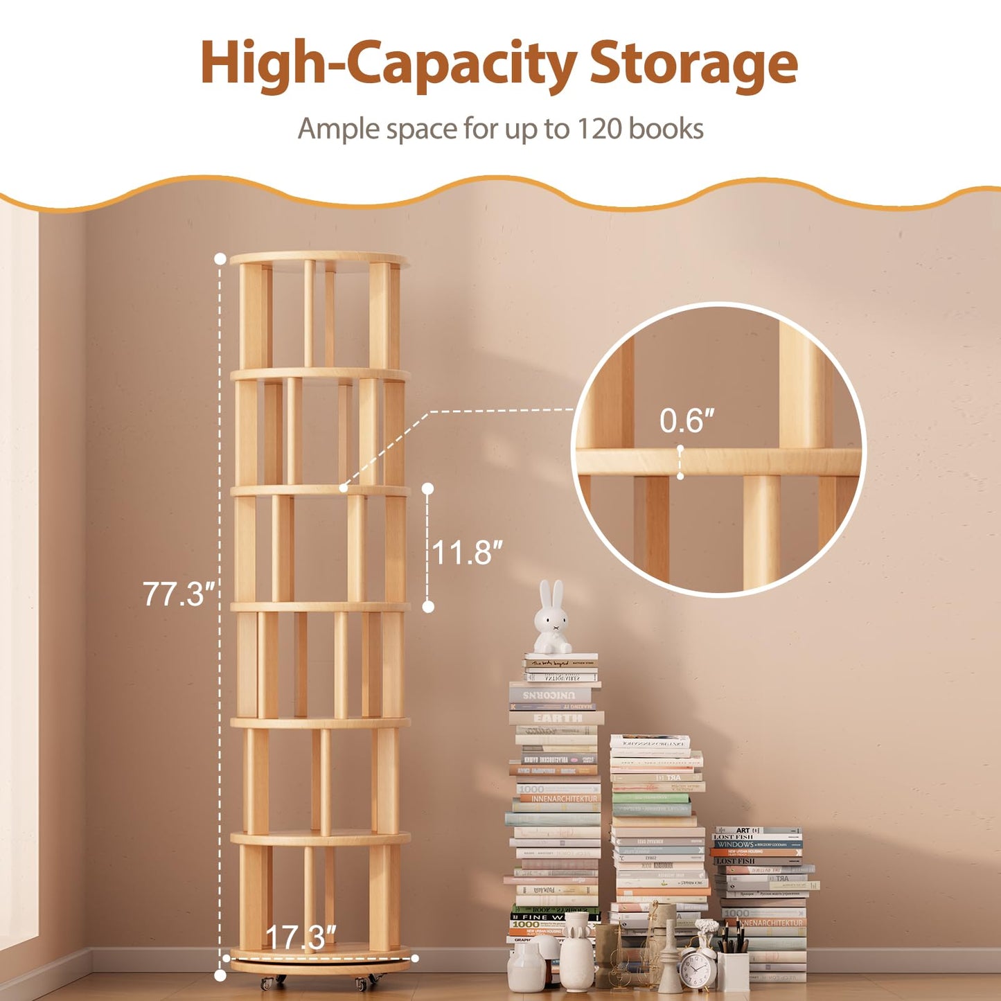 Muwuele Solid Wood Rotating Bookshelf on Wheels, 6 Tier, Round Revolving Bookcase, 360° Spinning Book Shelf Tower for Kids, Narrow Rolling Bookshelves for Small Space, Corner, Bedroom, Office, Natural