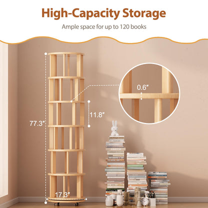 Muwuele Solid Wood Rotating Bookshelf on Wheels, 6 Tier, Round Revolving Bookcase, 360° Spinning Book Shelf Tower for Kids, Narrow Rolling Bookshelves for Small Space, Corner, Bedroom, Office, Natural