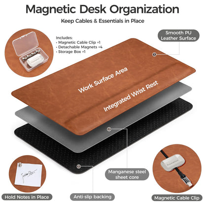 Magnetic Desk Mat System with Wrist Support 80×40cm, Premium Leather Desk Pad with Magnetic Accessories, Waterproof Non-Slip Desk Organizer for Office & Gaming