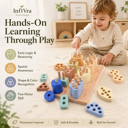 Infivra SmartShape — Montessori Wooden Shape Sorter with Cloud, Leaf & Infinity Shapes, Progressive 1-to-8 Peg Stacking Board for Toddlers 1-5, Fine Motor Learning Toy & Heirloom Gift