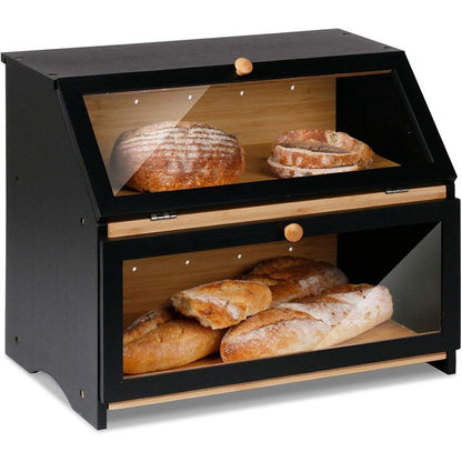 HOMEKOKO Double Layer Large Bread Box for Kitchen Counter, Wooden Large Capacity Bread Storage Bin (Rustic White)
