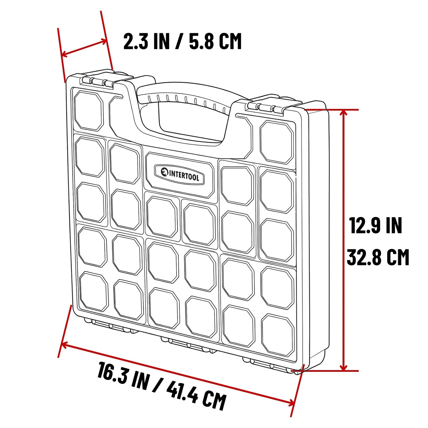 INTERTOOL Hardware Organizer with 24 Removable Bins - Small Parts Storage Tool Box for Nuts, Bolts, Screws, Nails - Portable Handle Transparent Lid with Locks BX08-4033