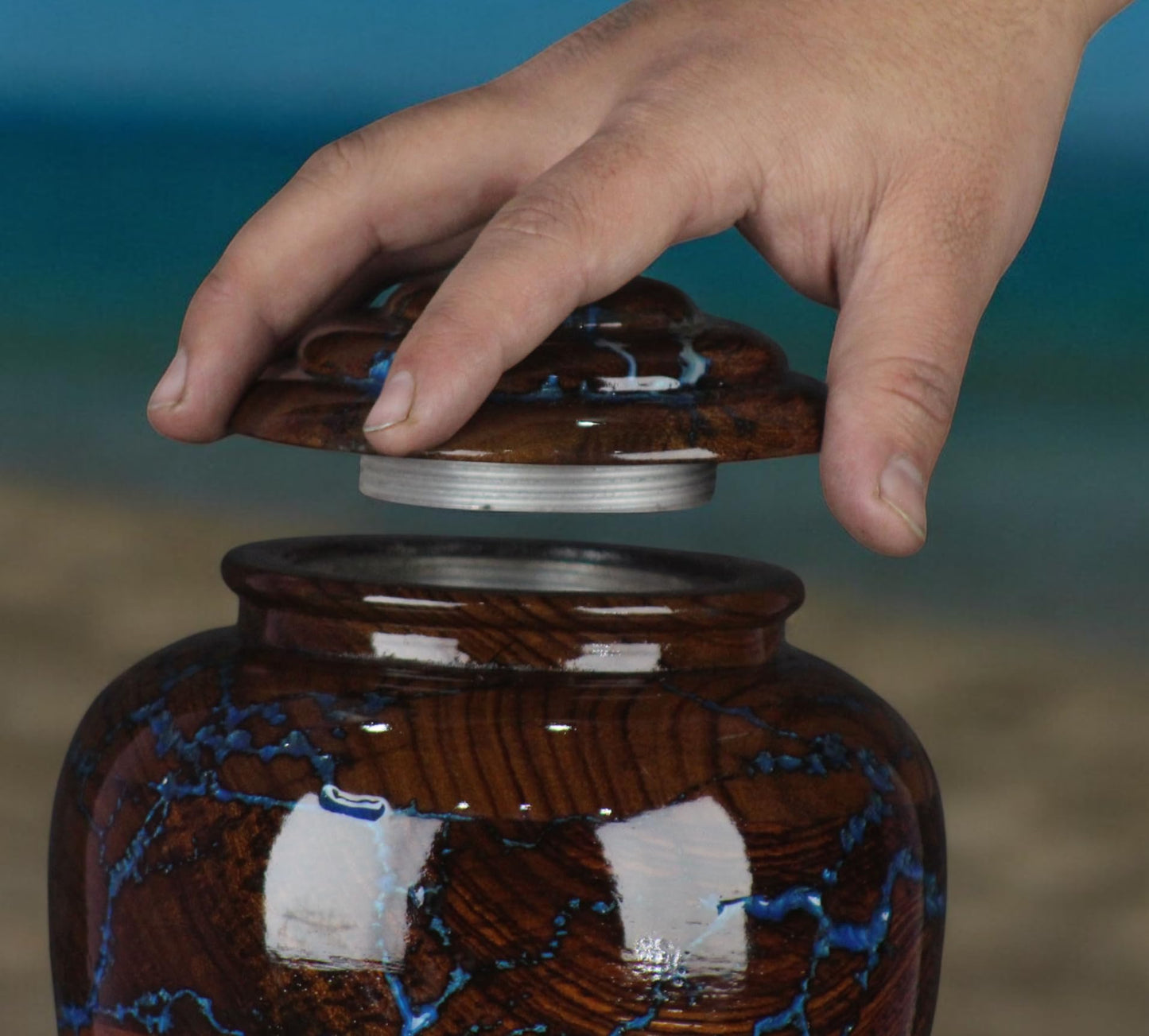 Rosewood Cremation Urns for Human Ashes Adult Male Female, Wooden Urns for Pets Ashes (Large - 200 lbs, Blue Resin)