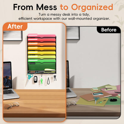 ReePlan 8 Tier Hanging Wall File Organizer, Mail Organizer Wall Mounted with Hooks, Hanging Paper Folder Holder for Office Home, Black