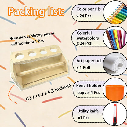 Leemeexaa Wooden Tabletop Paper Roll Holder Art Paper with Roll Dispenser 11.4" x98.4ft and Four Pencil Barrel Art Easel for Drawing,Graffiti Art Paintings Suitable for Homes, Schools or Playroom