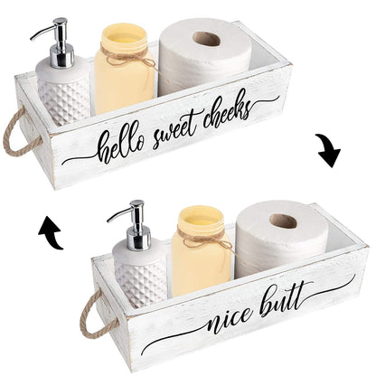 PZJIEAN Funny 2 Sides Hello Sweet Cheeks White Bathroom Decor Box with Handle, Farmhouse Bathroom Decor Box for Toilet Paper, Back of Toilet Organizer