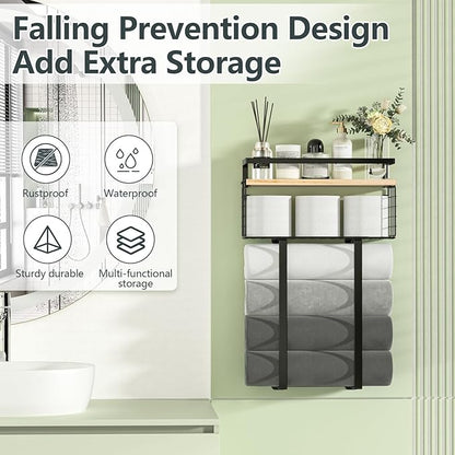 Xstydes Towel Racks for Bathroom, Metal Towel Holder with Storage Basket,Wall Towel Rack for Rolled Towels, Towel Storage for Small Bathroom.