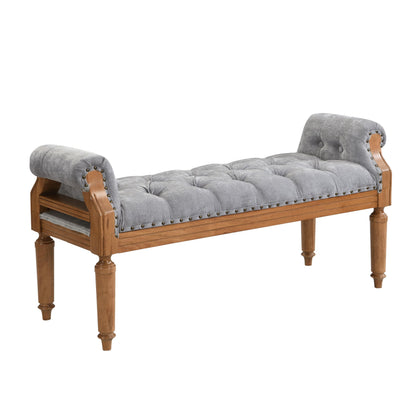 Christopher Knight Home Yordle Button-Tufted Linen Upholstered End of Bed Ottoman, Wooden Living Room Ottoman Bench with Nailhead Trim, Long Entryway Bench with Rolled Arms, Gray + Brown