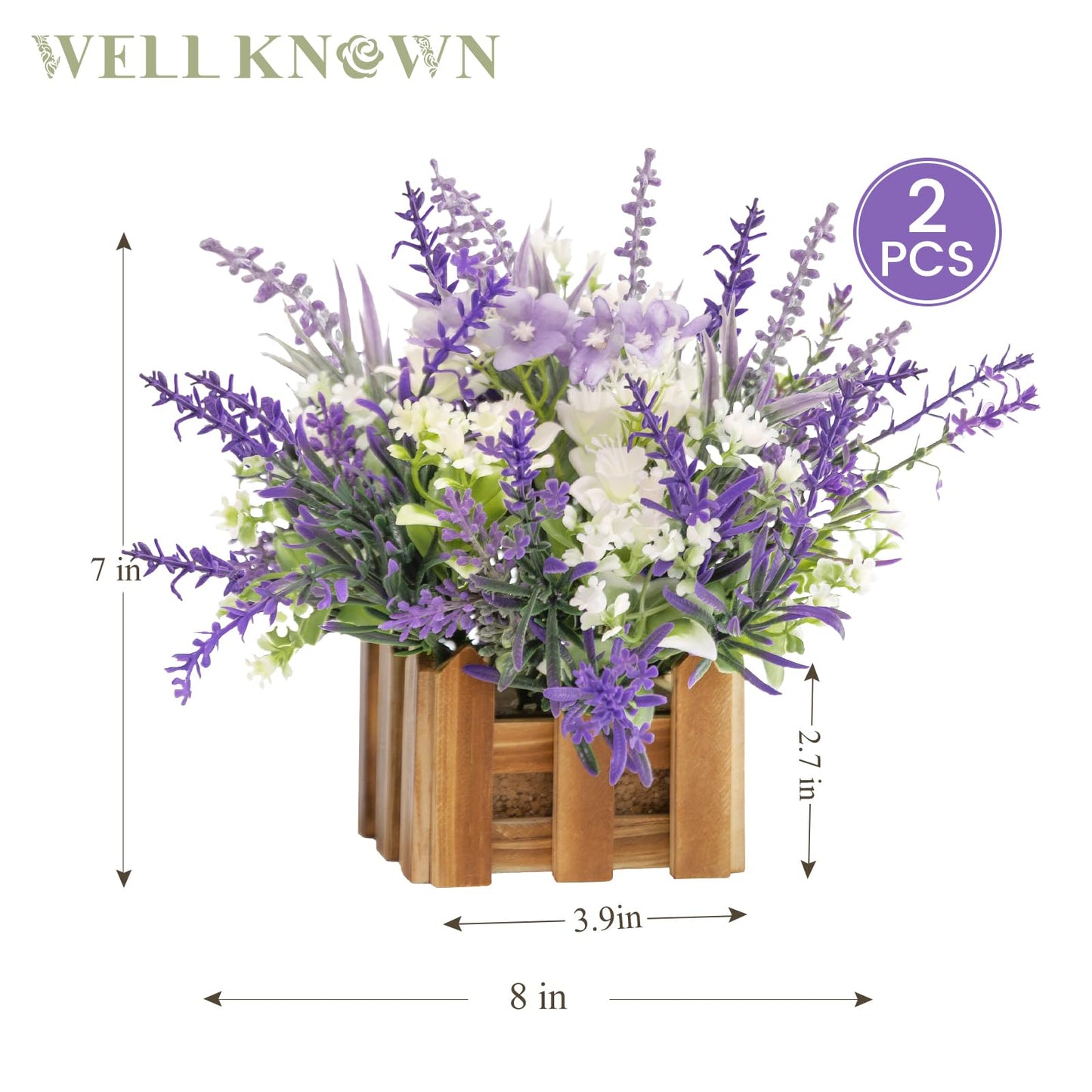 WELL KNOWN Artificial Lavender Plants in Wooden Baskets, Artificial Mini White Flower Arrangement in Planter for Home Hotel Office Table Wedding Centerpieces & Gift(Set of 2)