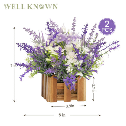 WELL KNOWN Artificial Lavender Plants in Wooden Baskets, Artificial Mini White Flower Arrangement in Planter for Home Hotel Office Table Wedding Centerpieces & Gift(Set of 2)