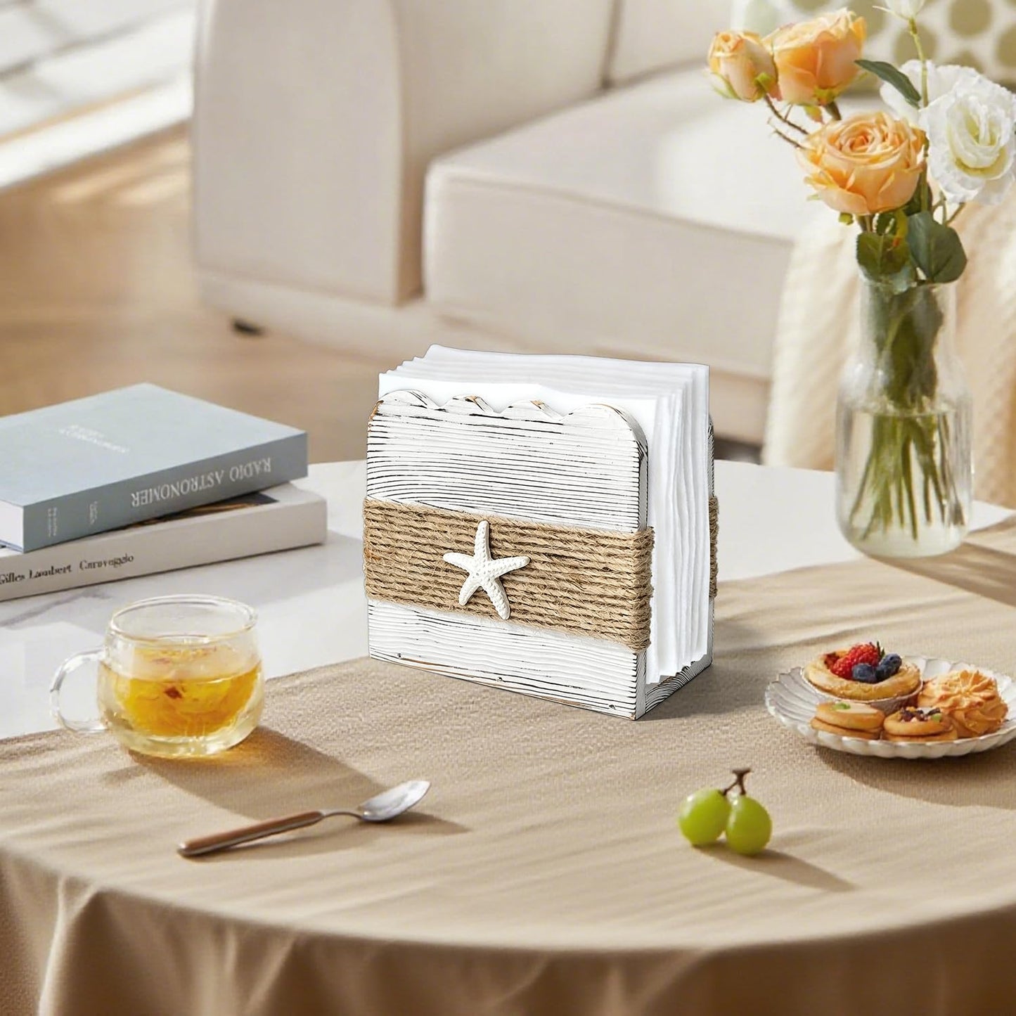 Natural Wooden Napkin Holder for Table – Farmhouse Upright Tissue Waves Dispenser, White Beach Theme Decor for Kitchen Dining Room, Indoor & Outdoor Use
