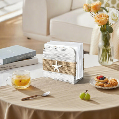 Natural Wooden Napkin Holder for Table – Farmhouse Upright Tissue Waves Dispenser, White Beach Theme Decor for Kitchen Dining Room, Indoor & Outdoor Use