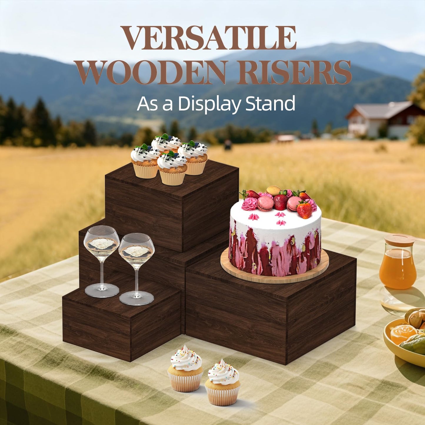 VANITURE 8 PCS Wooden Buffet Risers, Rustic Wood Cake Stands, Food Risers for Buffet & Dessert Table Display, Nesting Wooden Crates for Catering, Wedding, Party, Home Decor