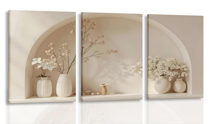 3pcs Framed Canvas Wall Art Arched Wabi Sabi Niche Textured Vases Dried Florals Posters Prints Pictures Paintings Minimalist Warm Beige Wall Decor for Bedroom Living Room Bohemian Decoration