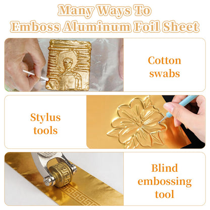 Aemygo 150 Pcs Aluminum Foil Sheets for DIY Crafts, 6 inch Heavy Duty Metal Embossing Sheet with Stylus Tools, Gold Square Tin Foil for DIY Painting and Embossing