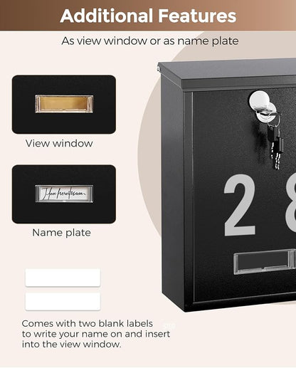 LAND·VOI Locking Wall-Mount Mailbox for Outside, with 4 Keys, Galvanized Steel Rustproof Metal Postbox, 3.1" Dx7.5 Wx10.8 H, Includes 3 Sets of Mailbox Numbers, Nameplate, Black, AMB32B