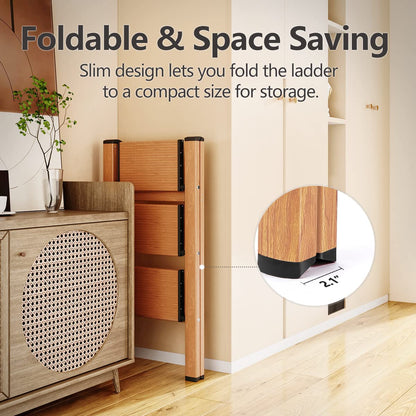 SOLADDER 3 Step Ladder, Folding Aluminum 3 Step Stool with Anti-Slip Wide Sturdy Pedal, Multi-Use for Home and Kitchen, Space Saving-Woodgrain(300 lbs Capacity)