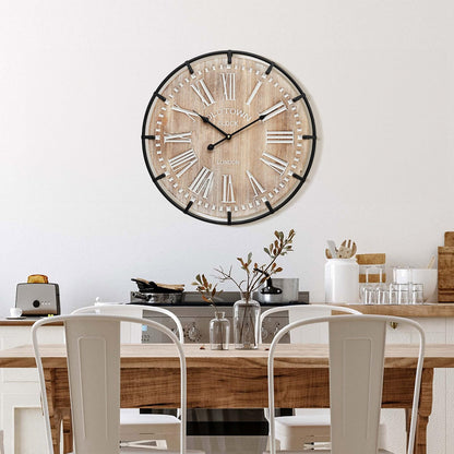 MODE HOME 24 Inch Large Farmhouse Wall Clock,Rustic Wooden Wall Clock Decorative with Metal Circle and Engraved Numerals, Silent Battery Operated for Kitchen Bedroom Living Room Fireplace Mantel