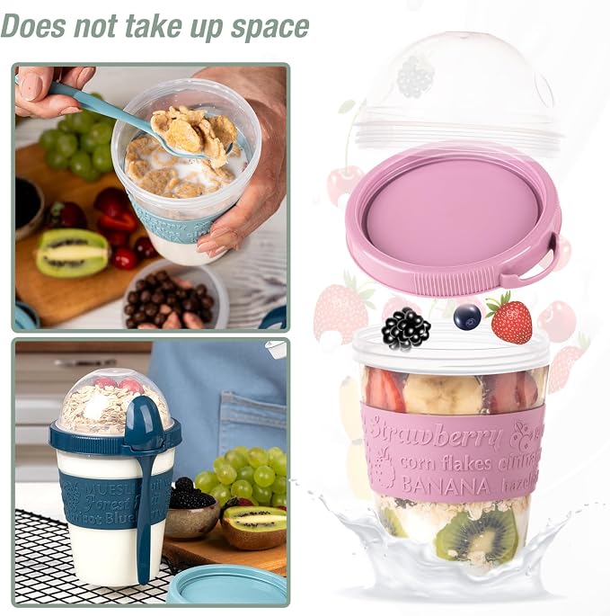 4 Pack Reusable On The Go Yogurt Parfait Cups, Breakfast Plastic Containers with Lids and Spoons, Perfect Jars for Overnight Oats Cereal Granola Oatmeal Smoothies and Snack Prep
