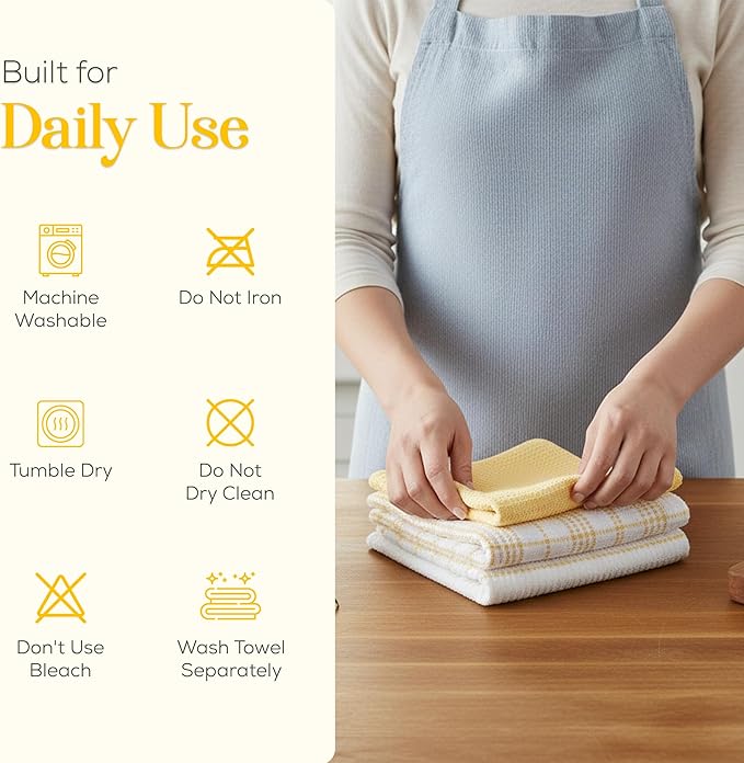 MosJos Kitchen Towels Set of 4 Dish Towels Yellow n White Waffle Weave Cotton