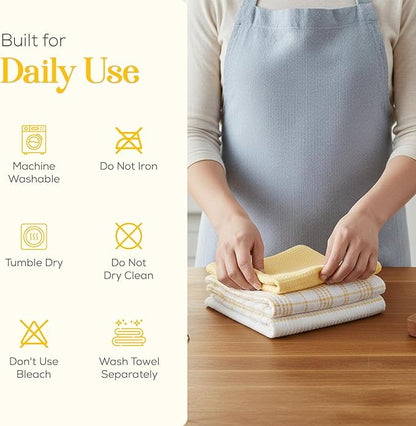 MosJos Kitchen Towels Set of 4 Dish Towels Yellow n White Waffle Weave Cotton